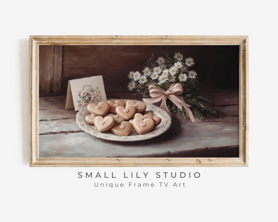 Frame Tv Art Valentines Day Cookies Frame Art Hearts And Flowers Moody Neutral Valentines Vintage Style Painting Farmhouse Tv644
