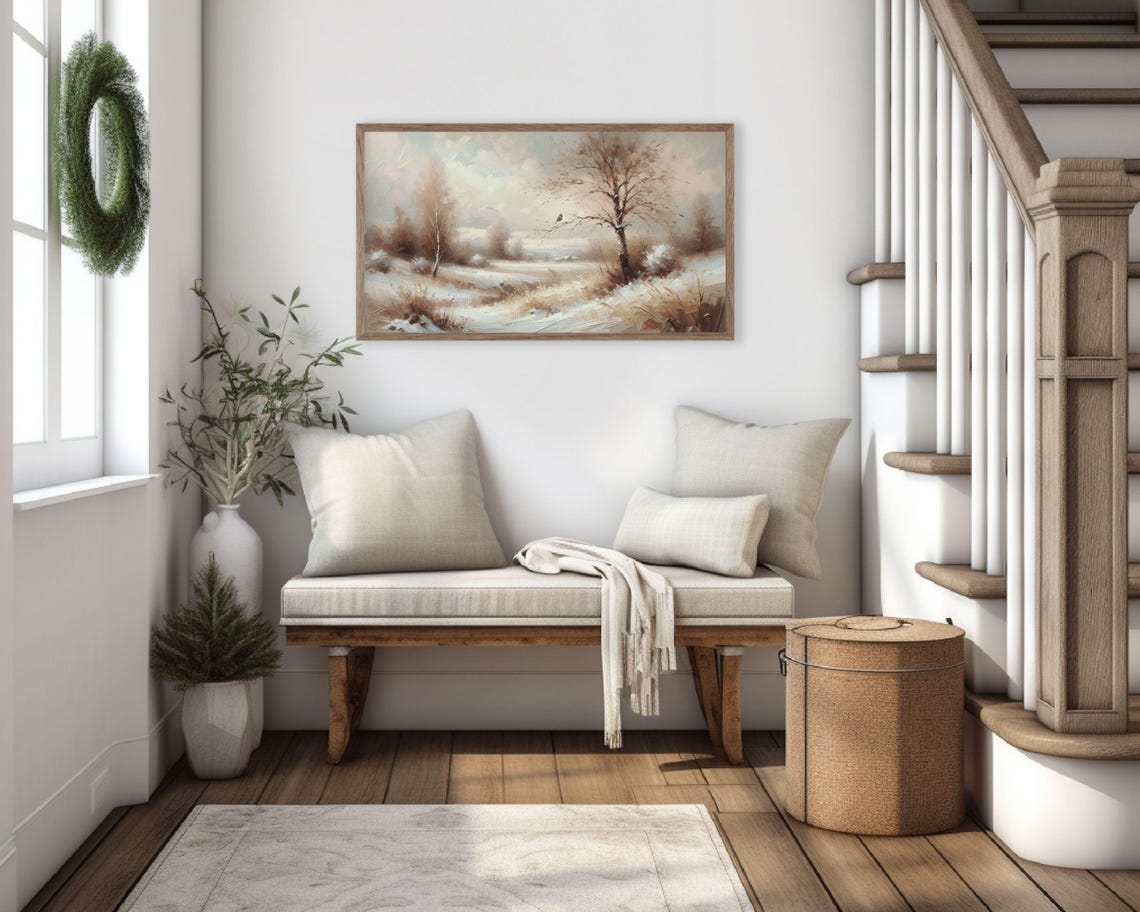 Little Bird Branch Soft Winter Landscape Brown White Rustic Art Poster - Image 3