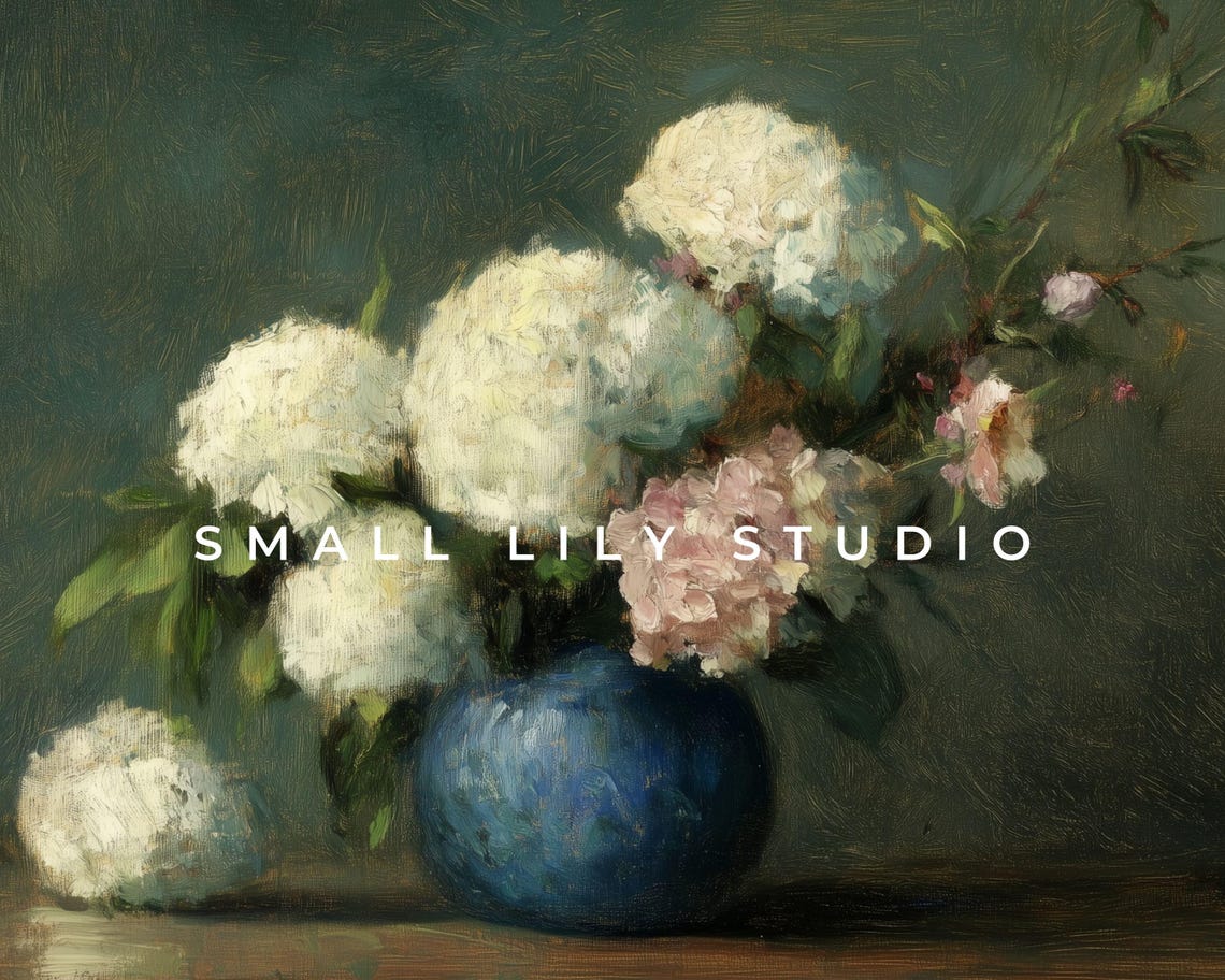 White Hydrangeas In Blue Vase Moody Dark Vintage Floral Poster - Image 4