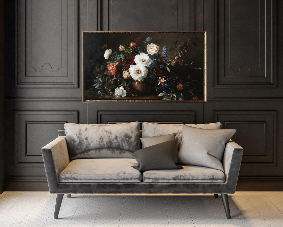 Moody Flowers And Berries Dark Still Life White Peonies Vintage Painting Poster - Image 3