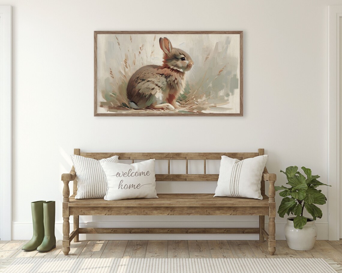 Brown Baby Bunny Rabbit Portrait Neutral Vintage Farmhouse Wall Art - Image 2