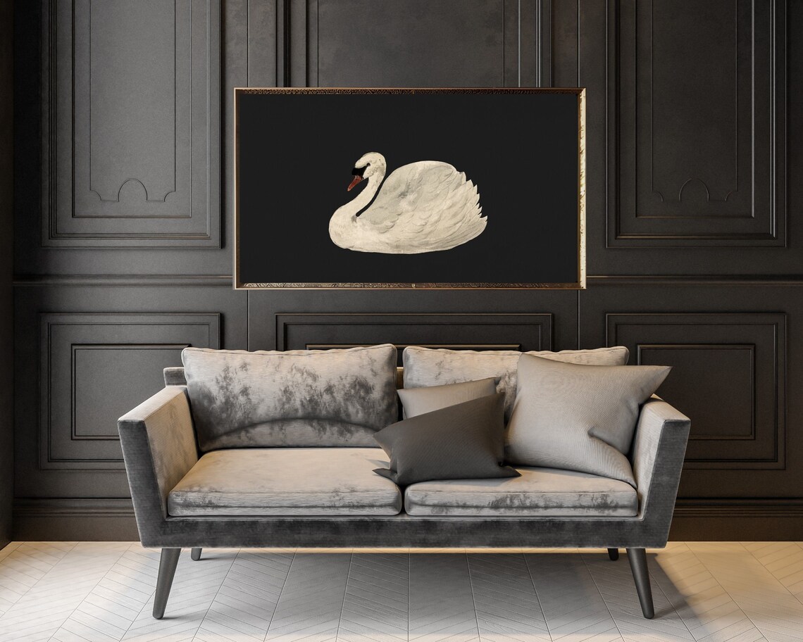 Swan Black White Moody Vintage Art Print - Image 2