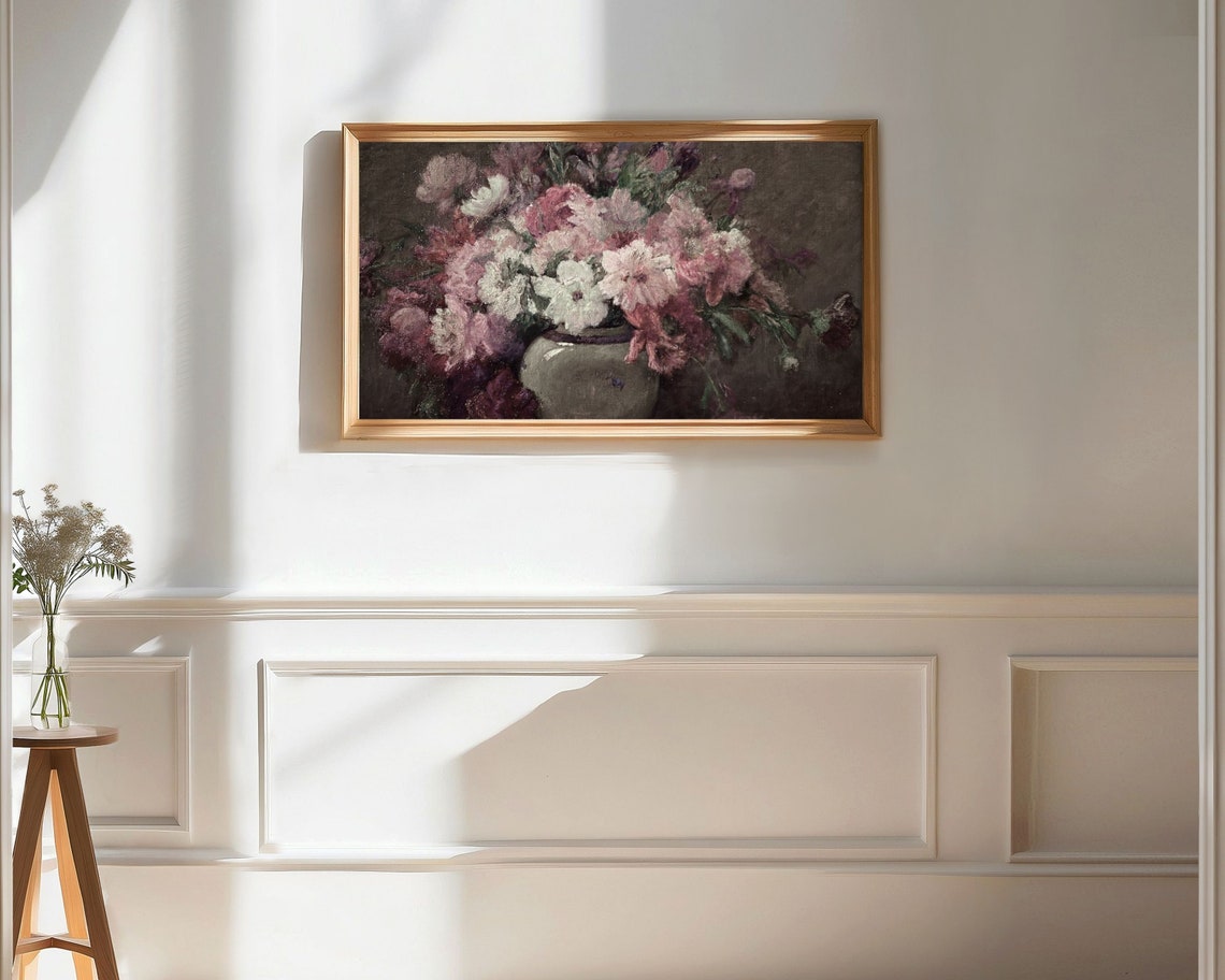 Frame Tv Art Pink Floral Still Life Mothers Day Frame Tv Art Vintage Floral Tv Art Farmhouse Spring Tv Art Moody Flowers Tv300 - Image 2