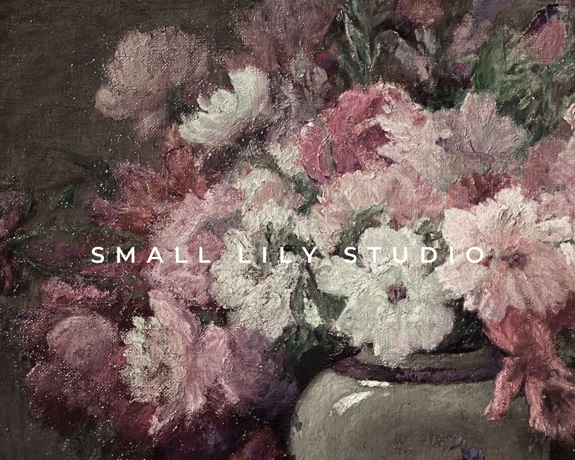 Moody Pink And White Floral Still Life Dark Vintage Oil Painting Poster - Image 4