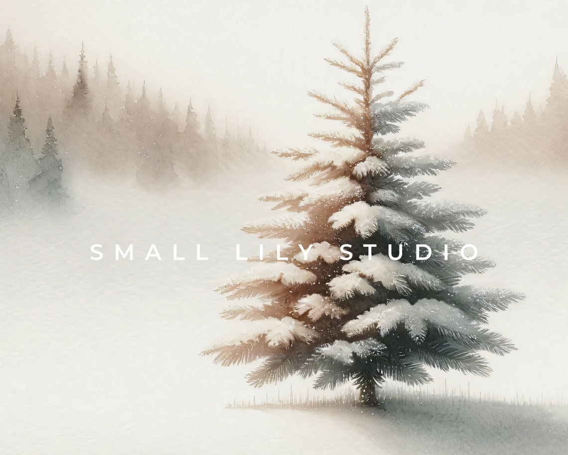 Lonely Snowy Pine Tree Misty Winter Minimalist Watercolor Art Poster - Image 4