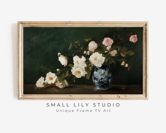 Frame Tv Art Roses In Oriental Vase Frame Tv Art Vintage Style Flower Still Life Painting Dark Green Moody Floral Artwork Tv619