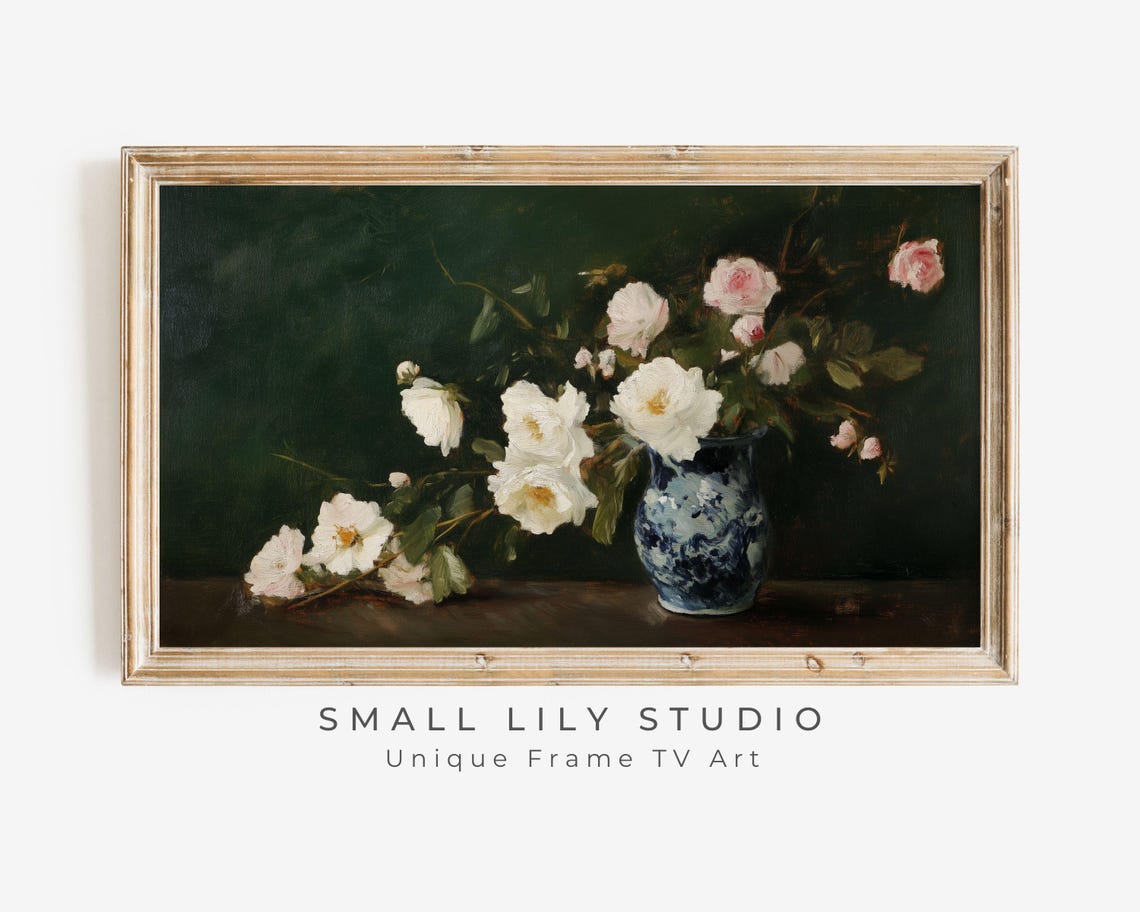 Frame Tv Art Roses In Oriental Vase Frame Tv Art Vintage Style Flower Still Life Painting Dark Green Moody Floral Artwork Tv619