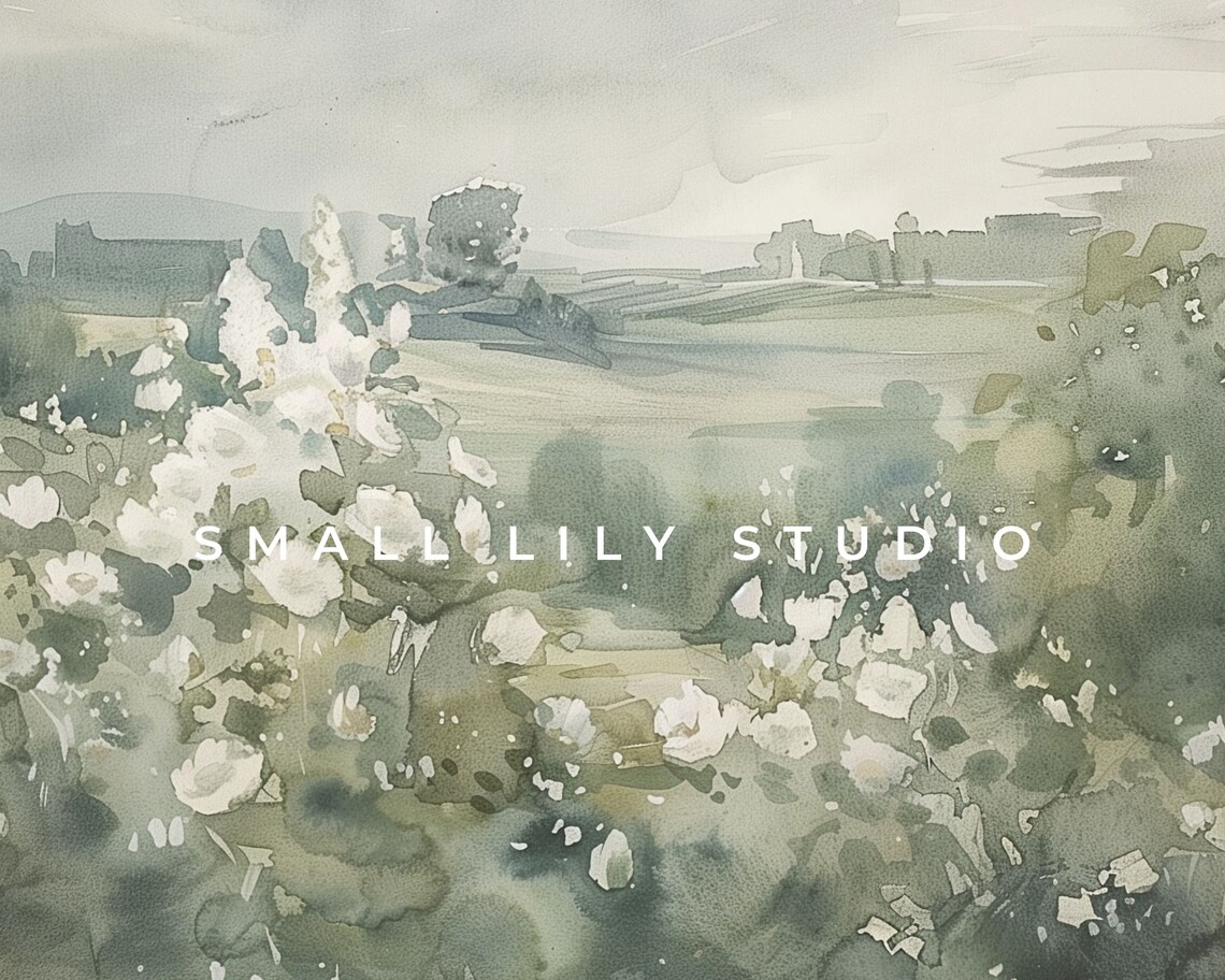 White Wildflowers Misty Field Abstract Green Floral Watercolor Painting Poster - Image 4