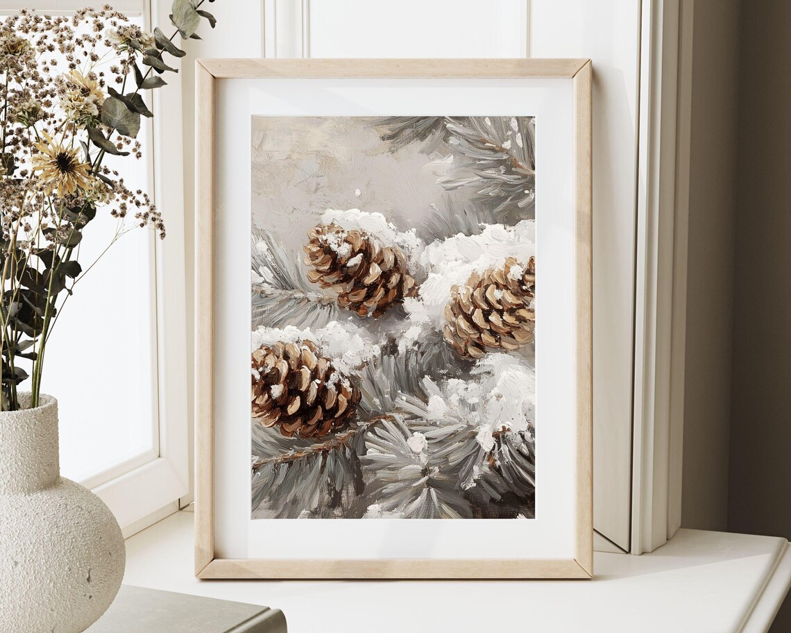 Snow Dusted Pinecones on Frosty Branches Vertical Neutral Winter Poster - Image 2