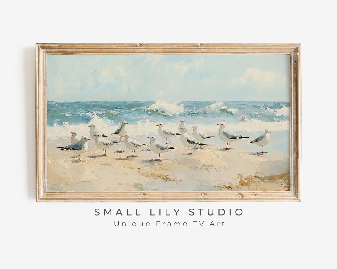 Seagull Flock On Sandy Beach Shore Ocean Waves Coastal Poster