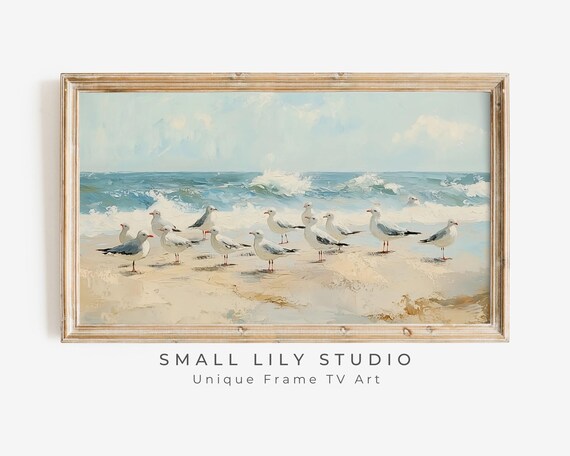 Seagull Flock On Sandy Beach Shore Ocean Waves Coastal Poster