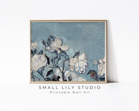White Roses On Blue Textured Background Painterly Floral Still Life Art Poster