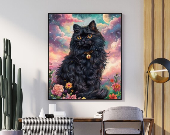 Fluffy Black Cat Fantasy Poster With Golden Collar In Floral Sky