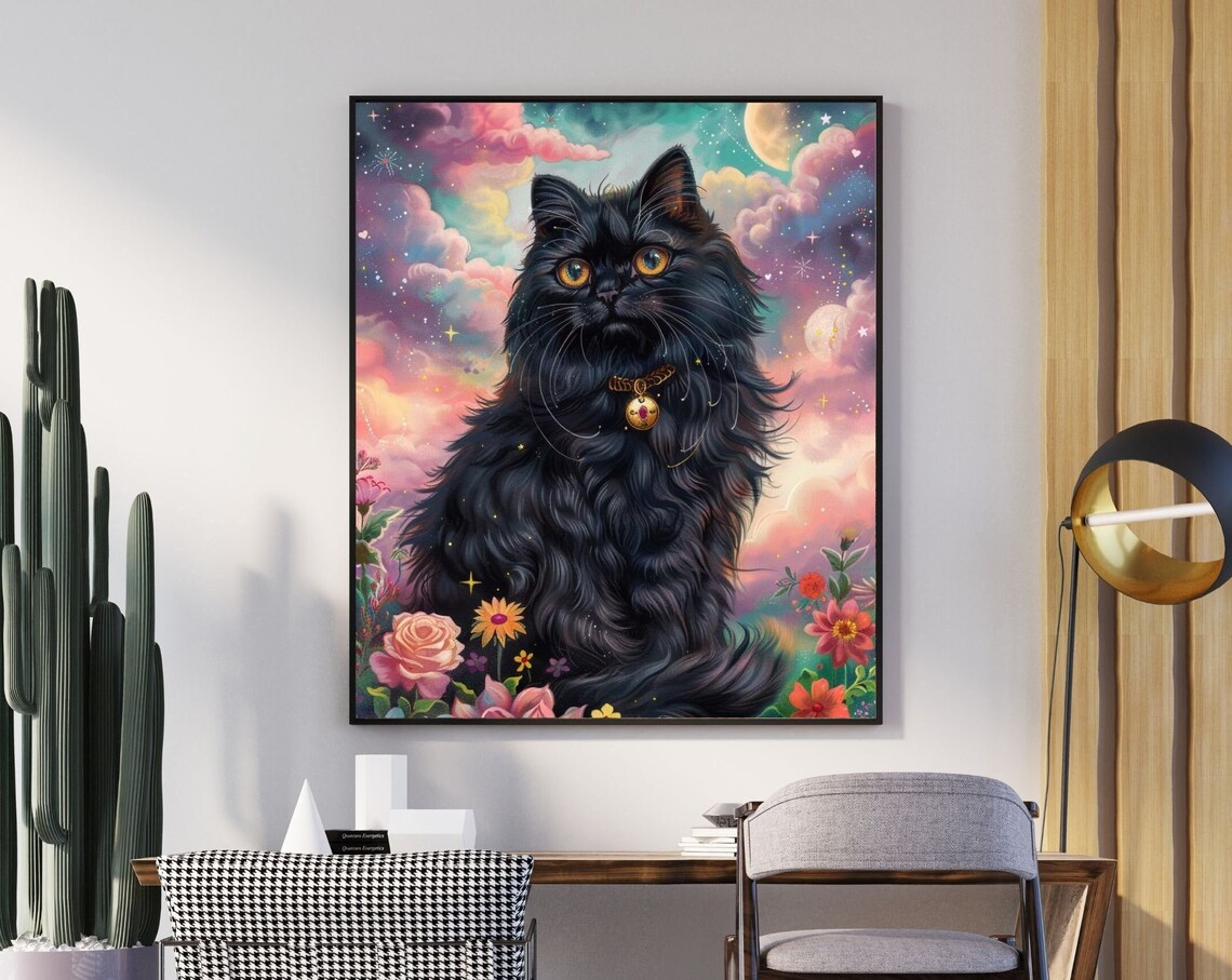 Fluffy Black Cat Fantasy Poster With Golden Collar In Floral Sky