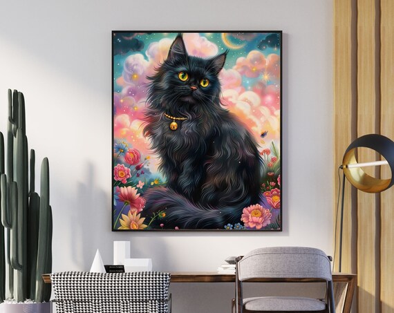 Sweet Fluffy Black Cat with Golden Eyes Among Night Flowers Poster