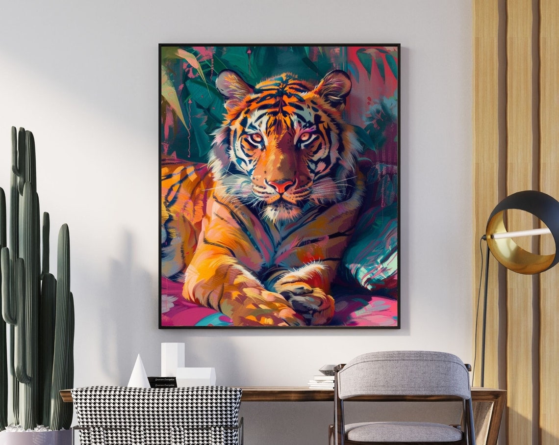 Majestic Resting Tiger Portrait in Bright Pink Teal Jungle Poster