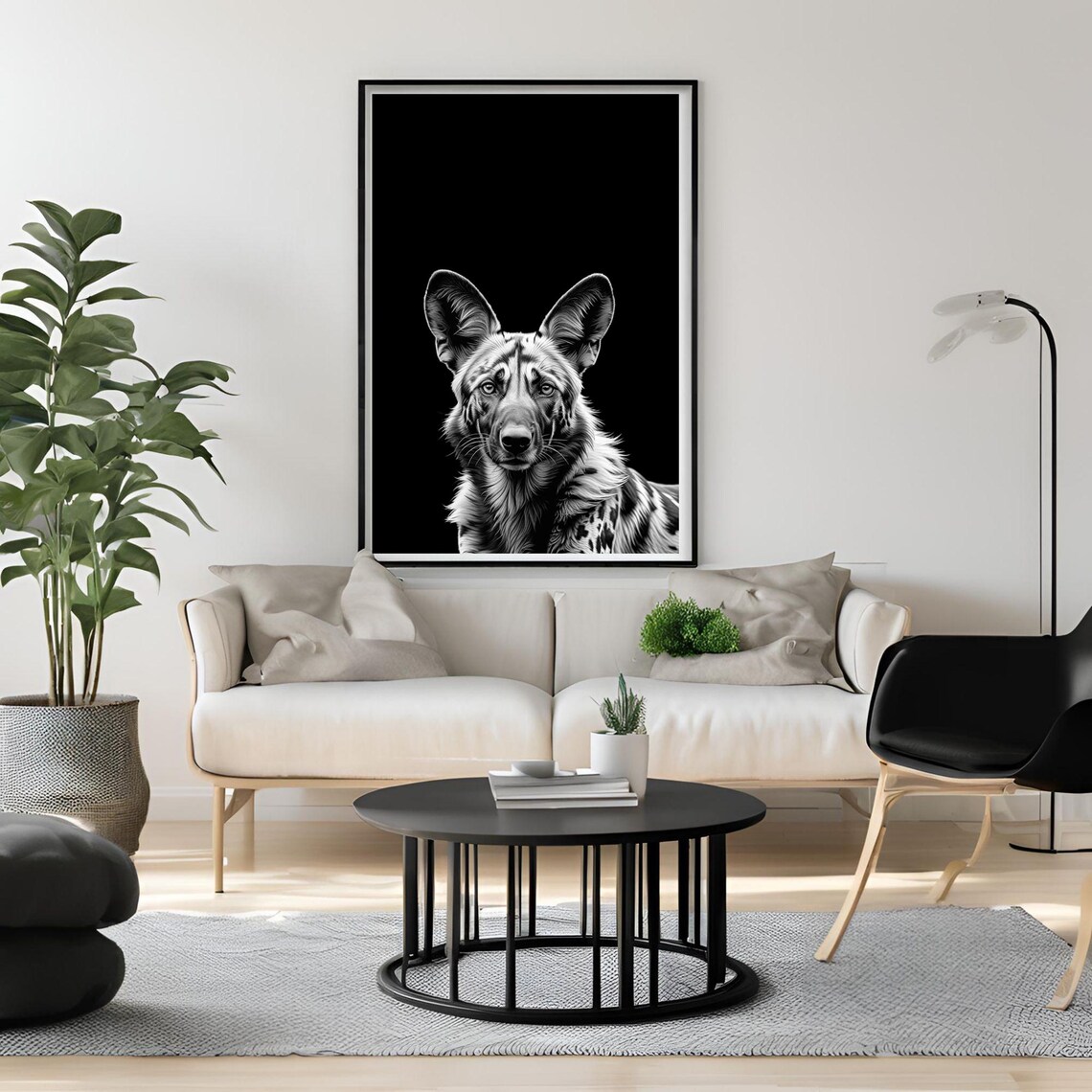 Black and White African Wild Dog Portrait Wildlife Art Poster - Image 3