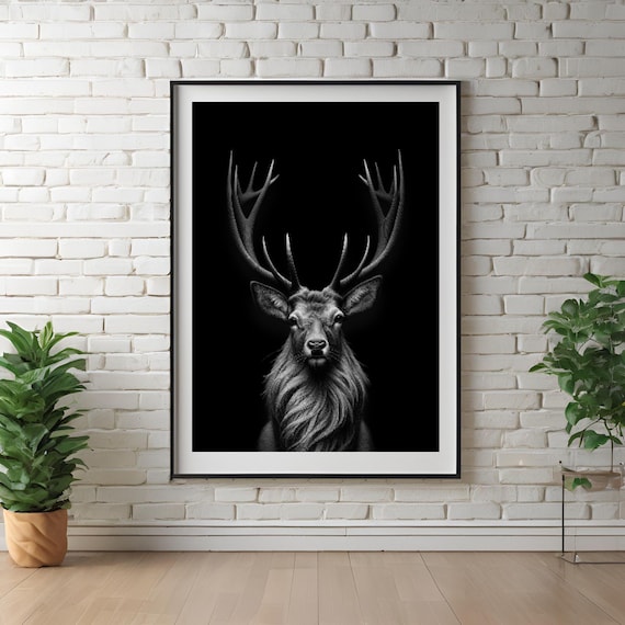 Black And White Stag Deer Antler Portrait Minimalist Wildlife Poster