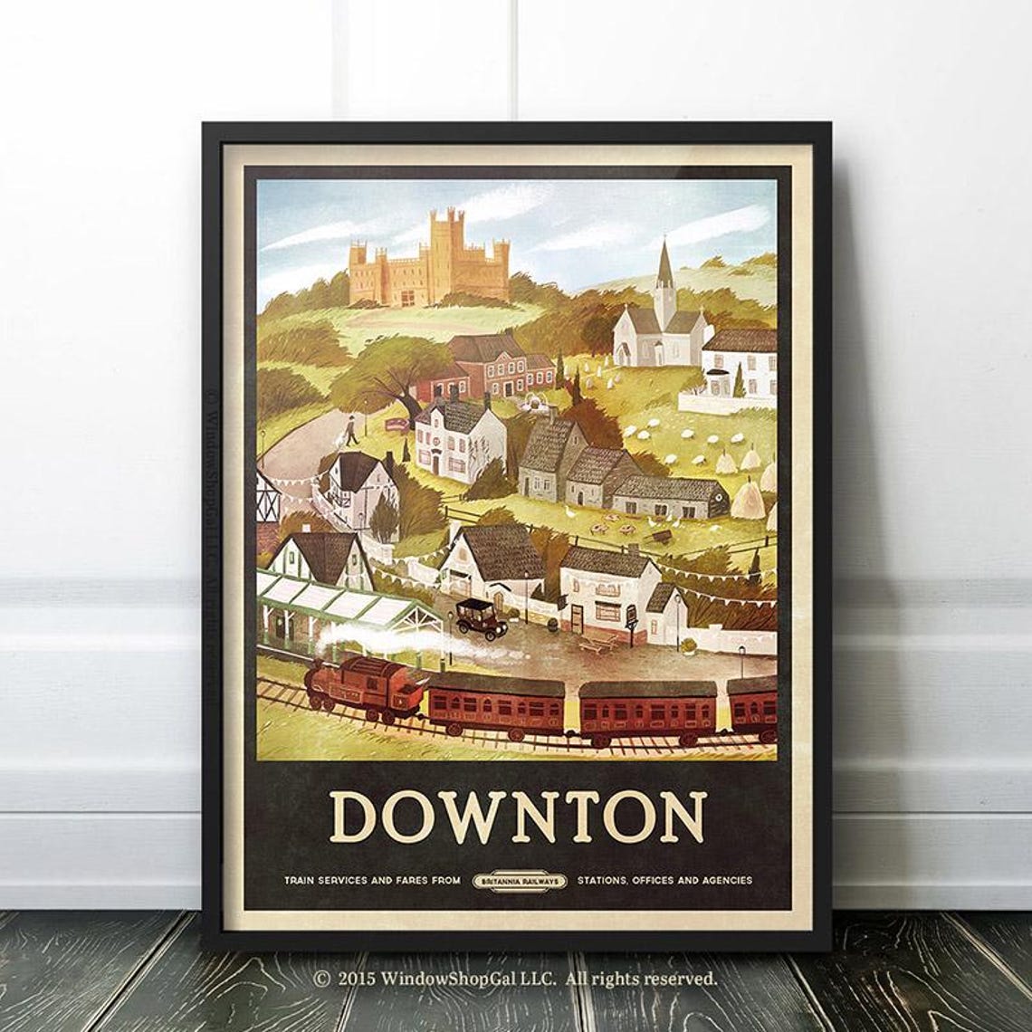 Vintage Downton Village Steam Train and Railway Station Travel Poster