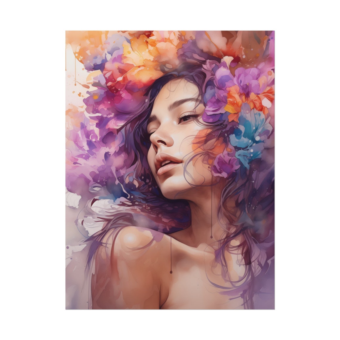 Woman With Exploding Colorful Flowers Watercolor Portrait Poster - Image 2
