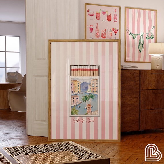 Amalfi Coast Pink Matchbox Vintage Matchbook Coastal Bar Poster