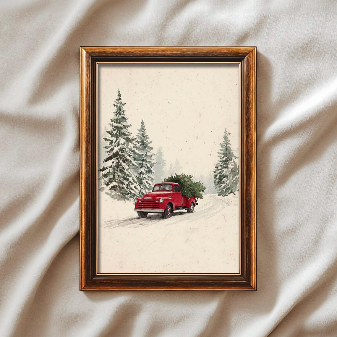 Red Vintage Truck Christmas Tree Snowy Winter Holiday Wall Art