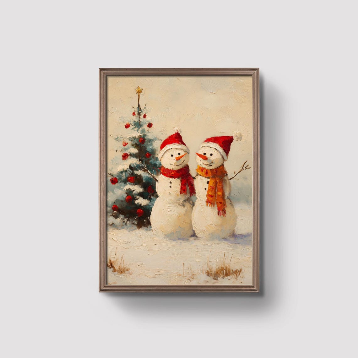 Two Cheerful Snowmen By Christmas Tree Holiday Art Print For Walls