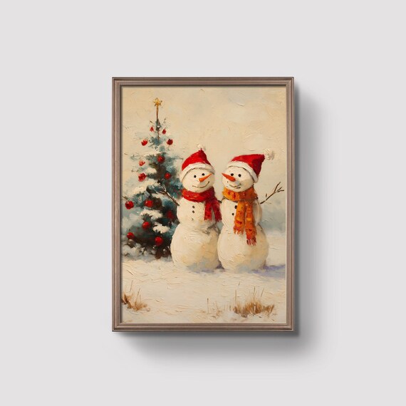 Two Cheerful Snowmen By Christmas Tree Holiday Art Print For Walls