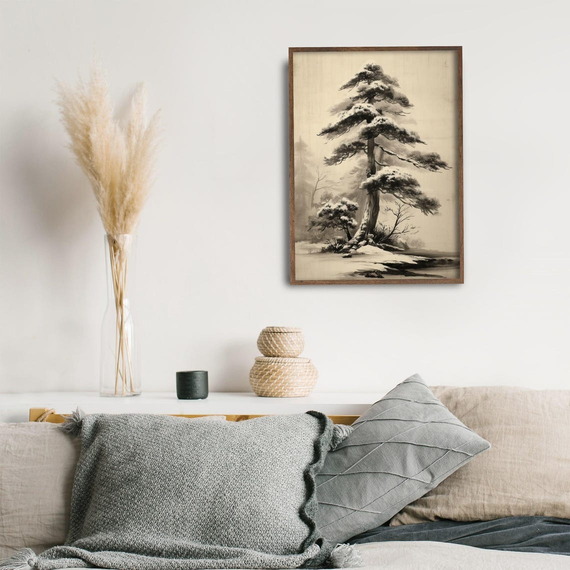 Snow Covered Pine Tree Vintage Ink Wash Nature Forest Wall Art
