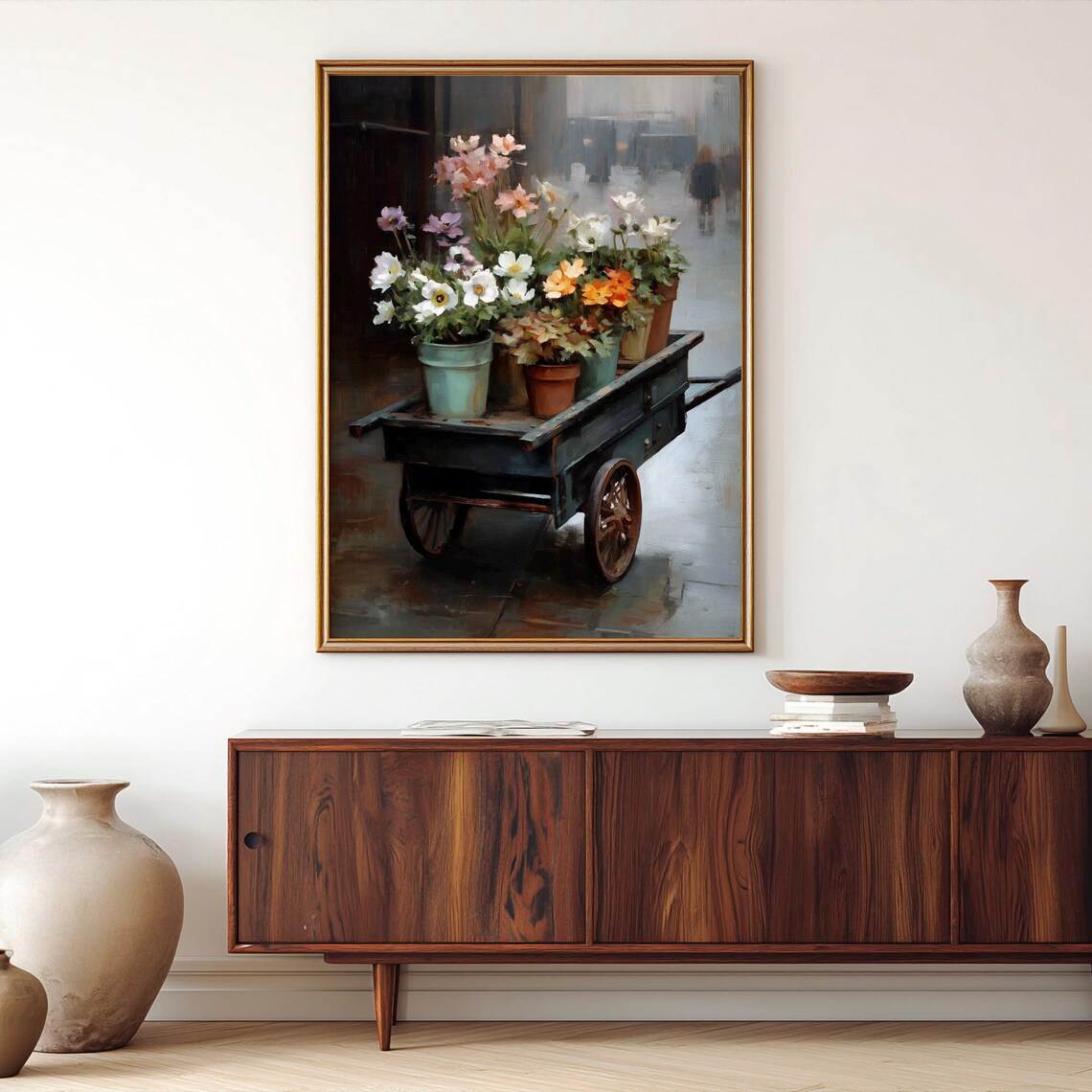 Vintage Flower Cart Potted Flowers Rainy Street Market Poster