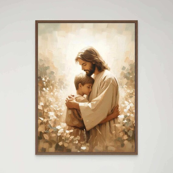 Jesus Embracing Young Boy Among White Blossoms In Soft Light Poster