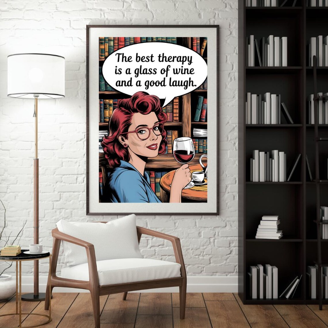Retro Pop Art Redhead Lady Wine Glass Best Therapy Quote Poster - Image 4