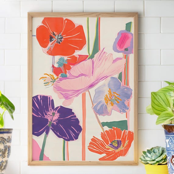 Modern Floral Wall Art Oversized Poppy Poster Colorful Botanical Illustration