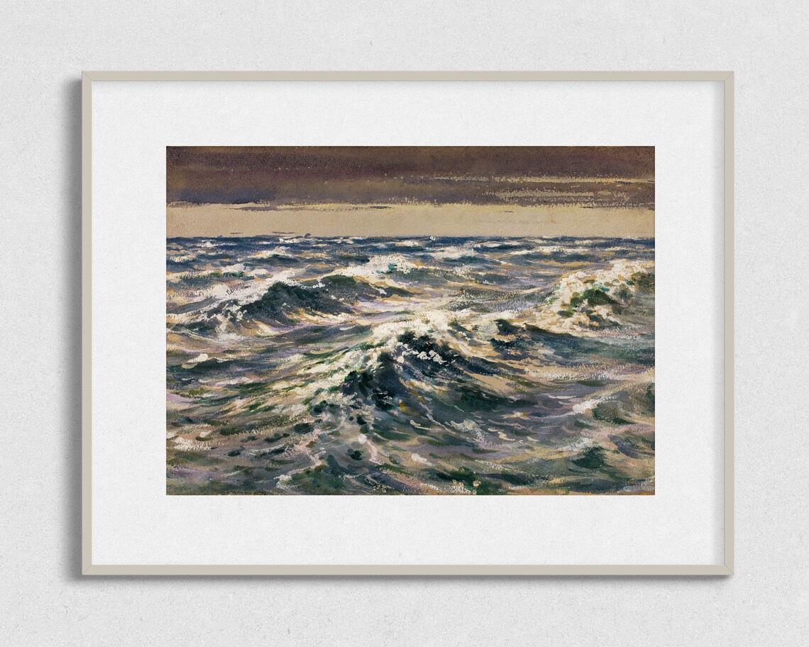 Sunlit Ocean Waves Watercolor Study Golden Foam Stormy Horizon Art Poster - Image 2