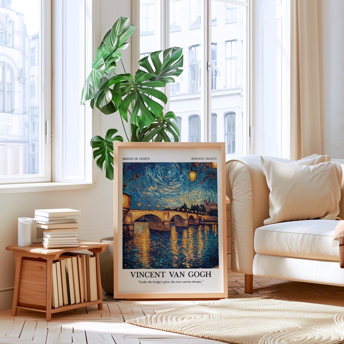 Van Gogh Wall Art Bridge Of Lights Print Night Landscape Painting River Reflection Art - Image 4