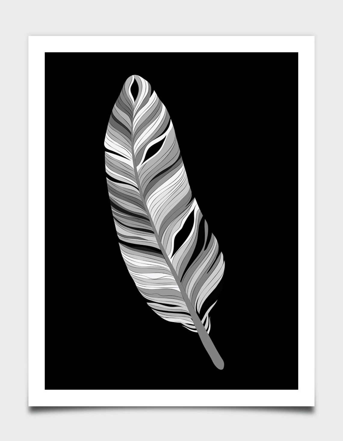 Grey Feather Black Background Minimalist Monochrome Poster Art - Image 2