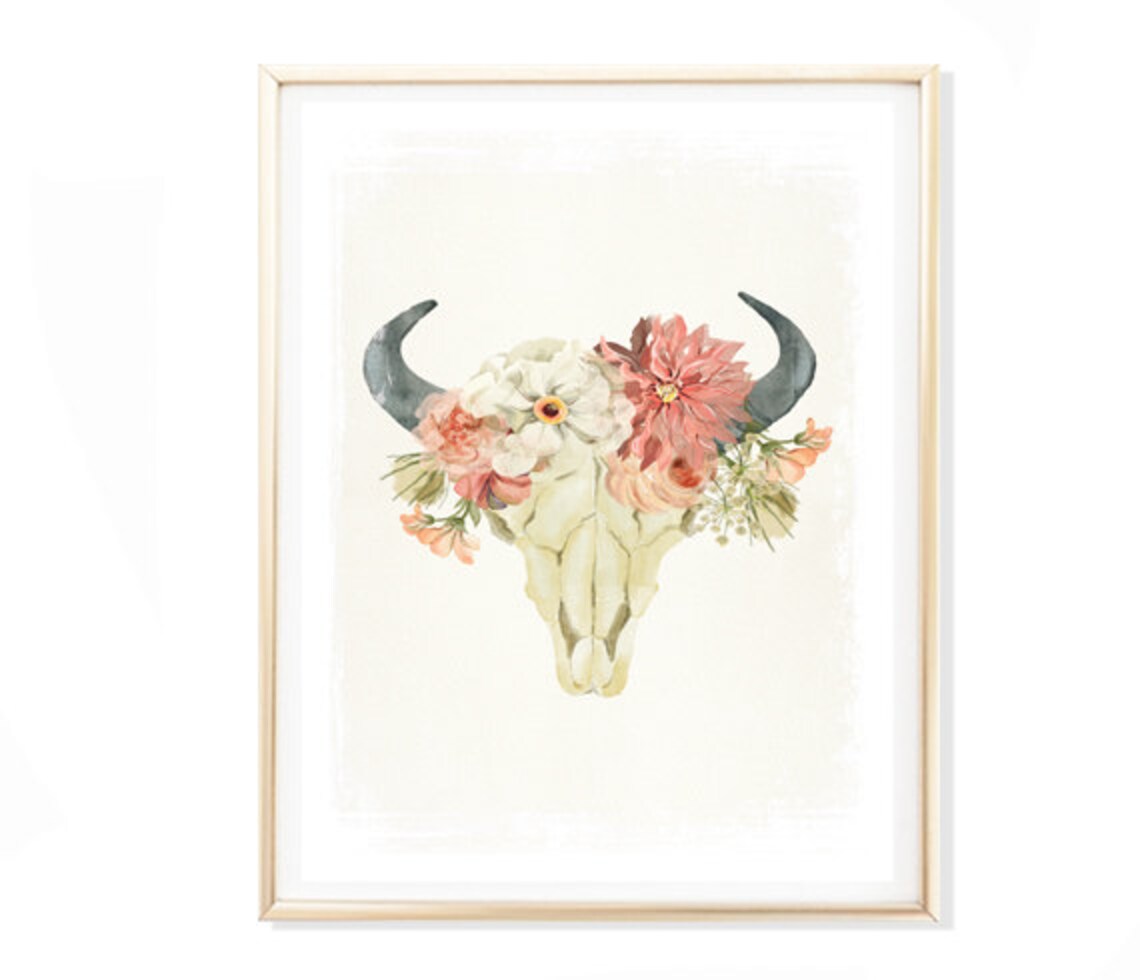 Floral Bull Skull Watercolor Bohemian Western Style Poster Art