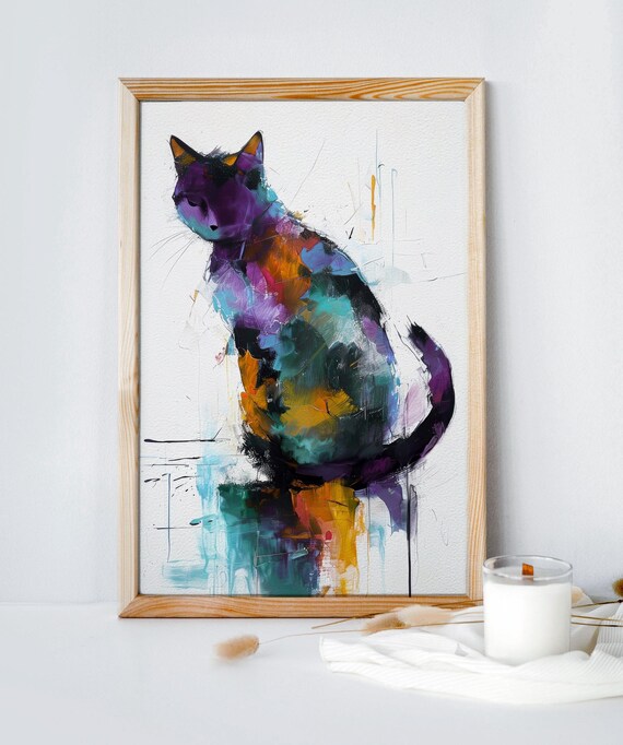 Colorful Abstract Cat Silhouette Brushstroke Painting Poster On White