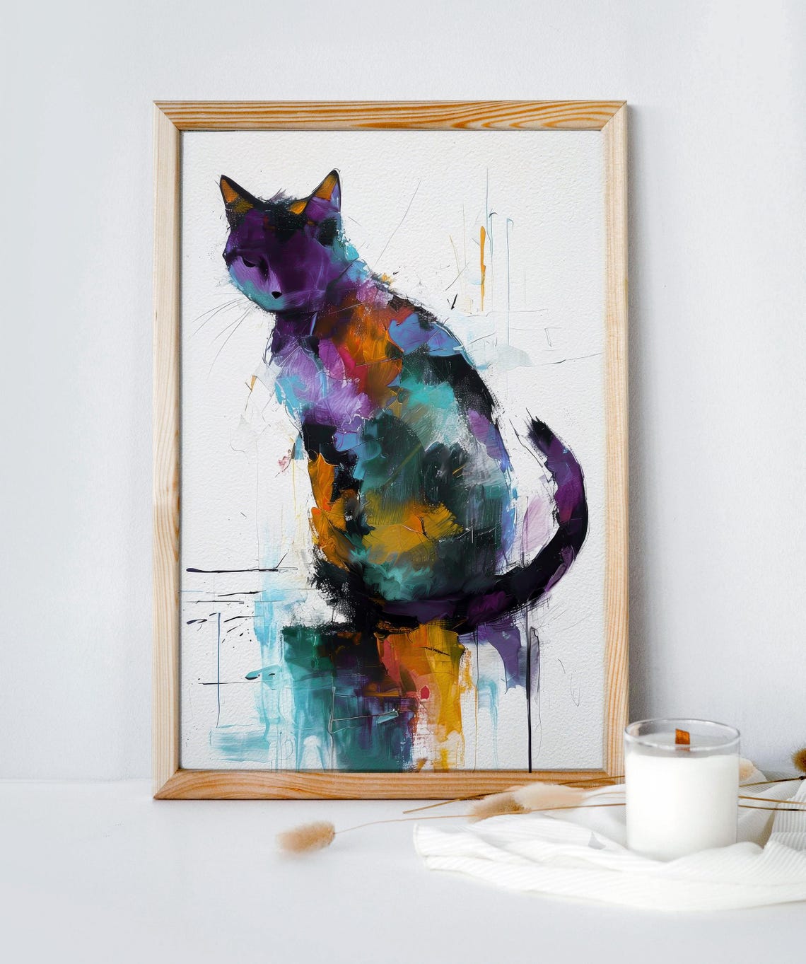 Colorful Abstract Cat Silhouette Brushstroke Painting Poster On White