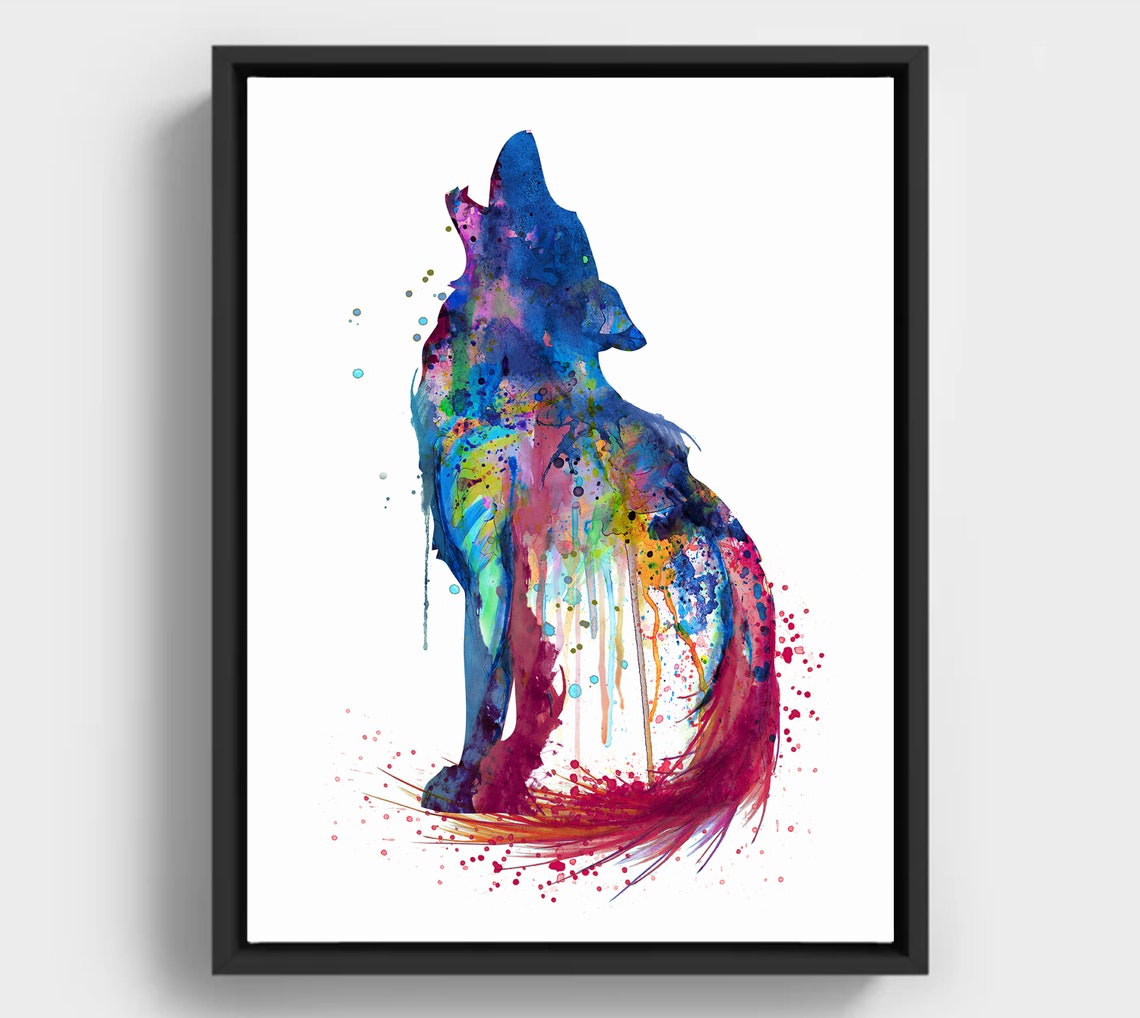 Colorful Howling Wolf Watercolor Print Wildlife Silhouette