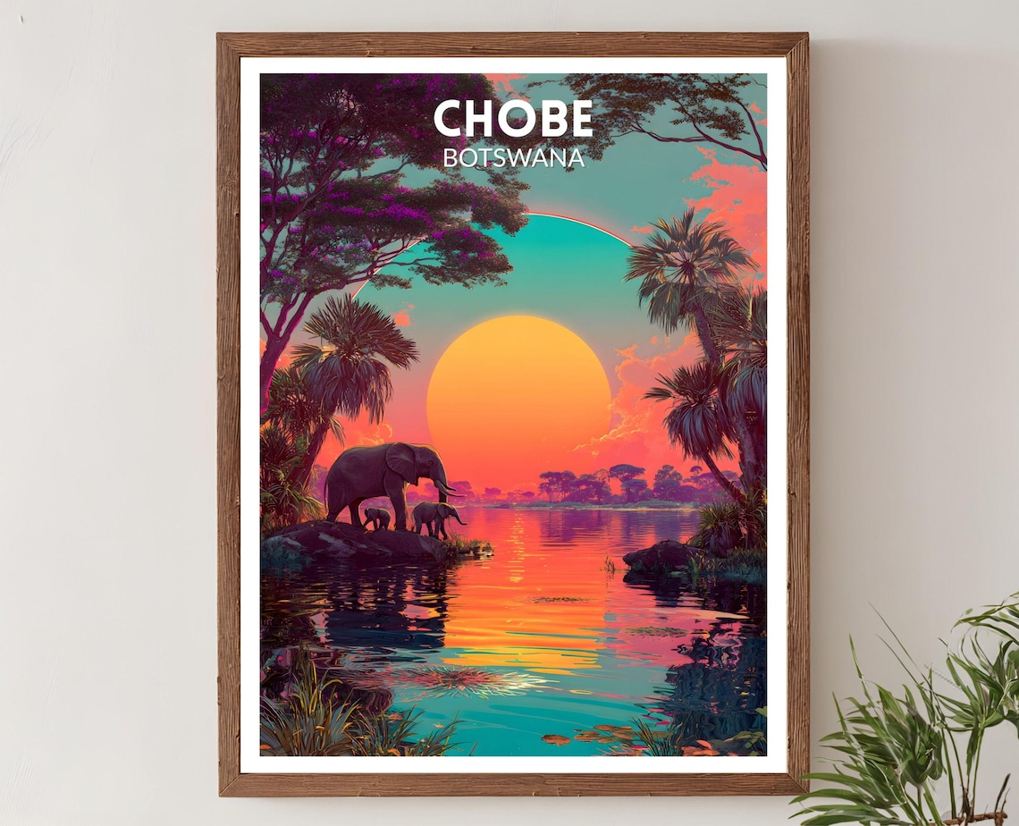 Chobe Botswana Vibrant Travel Poster, Africa Landscape