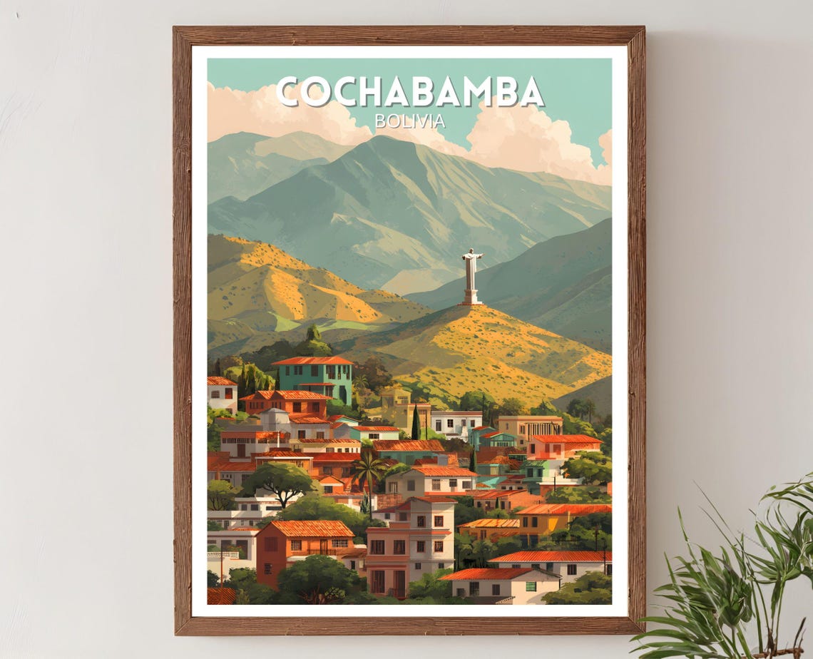 Cochabamba Bolivia Christ Statue Mountain City Travel Poster