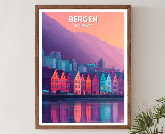 Bergen Norway Colorful Bryggen Waterfront Sunset Travel Poster