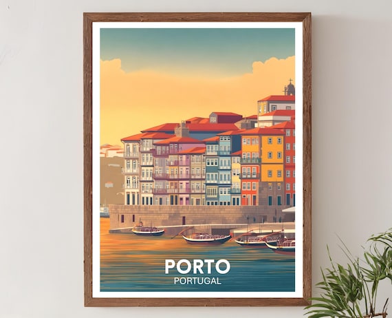Porto Portugal Riverside Old Town Harbor Sunset Travel Poster