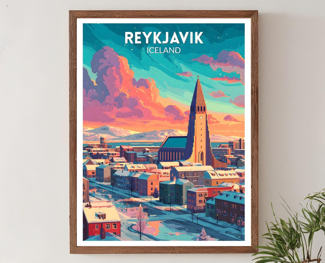 Reykjavik Iceland Hallgrimskirkja Snowy Retro Winter Travel Poster