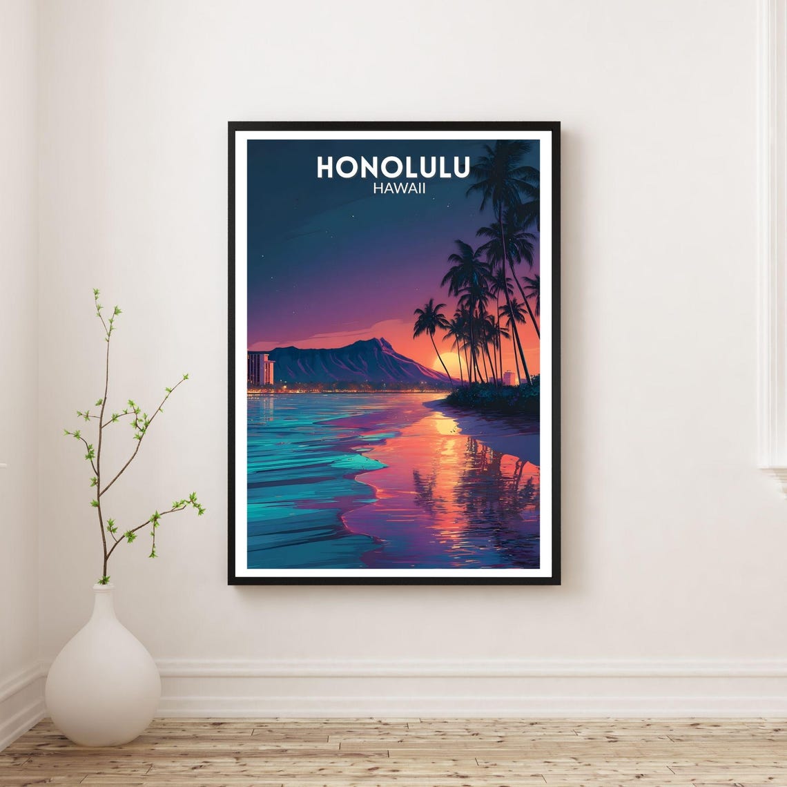 Honolulu Hawaii Sunset Beach Palm Trees Neon Retro Travel Poster