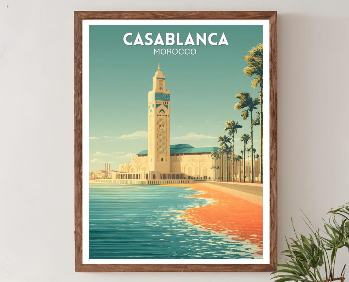 Casablanca Morocco Hassan II Mosque Waterfront Travel Poster