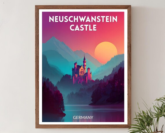 Neuschwanstein Castle Germany Vivid Gradient Sunset Travel Poster