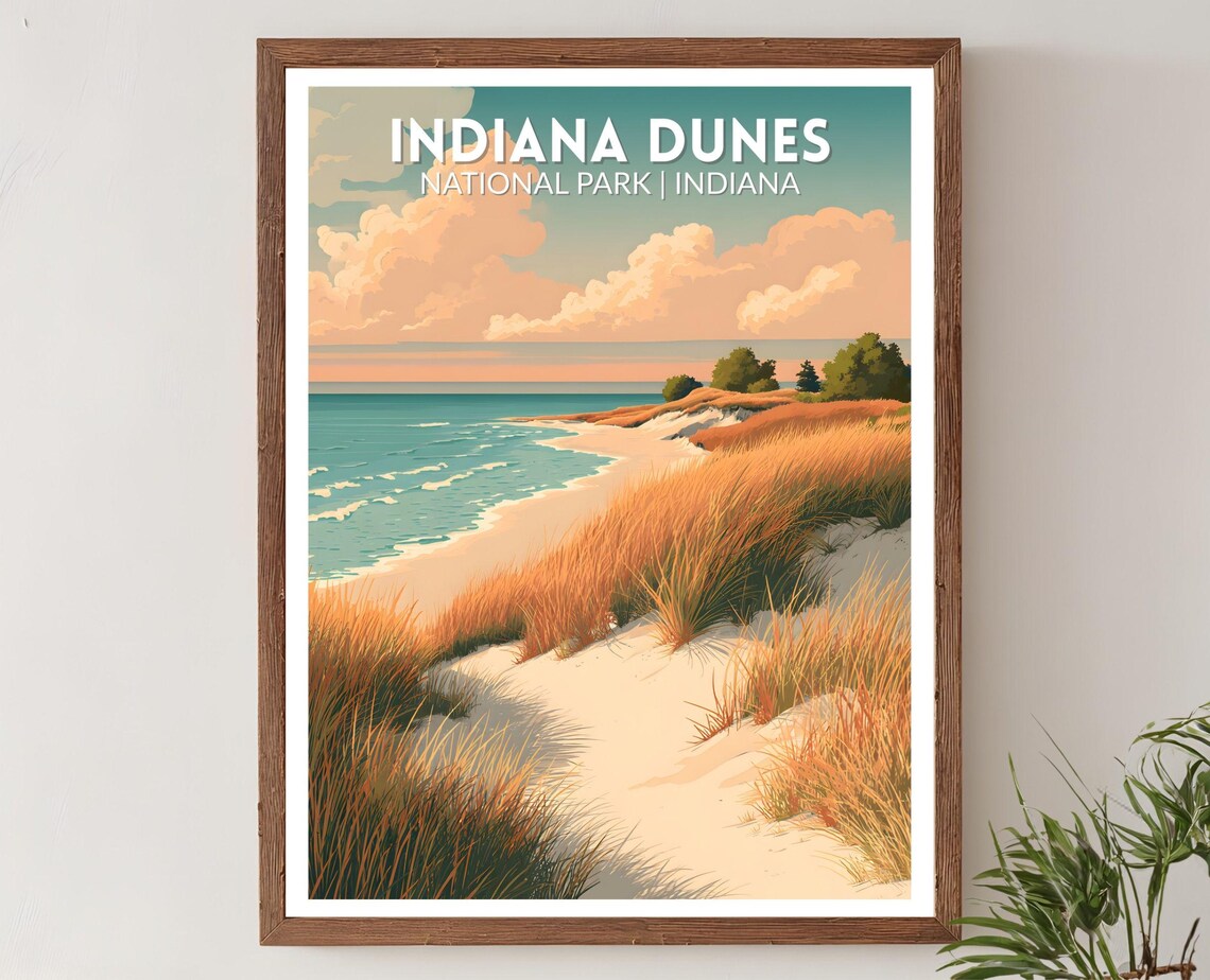Indiana Dunes National Park Retro Lake Michigan Beach Travel Poster