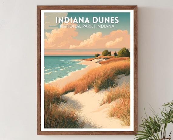 Indiana Dunes National Park Retro Lake Michigan Beach Travel Poster